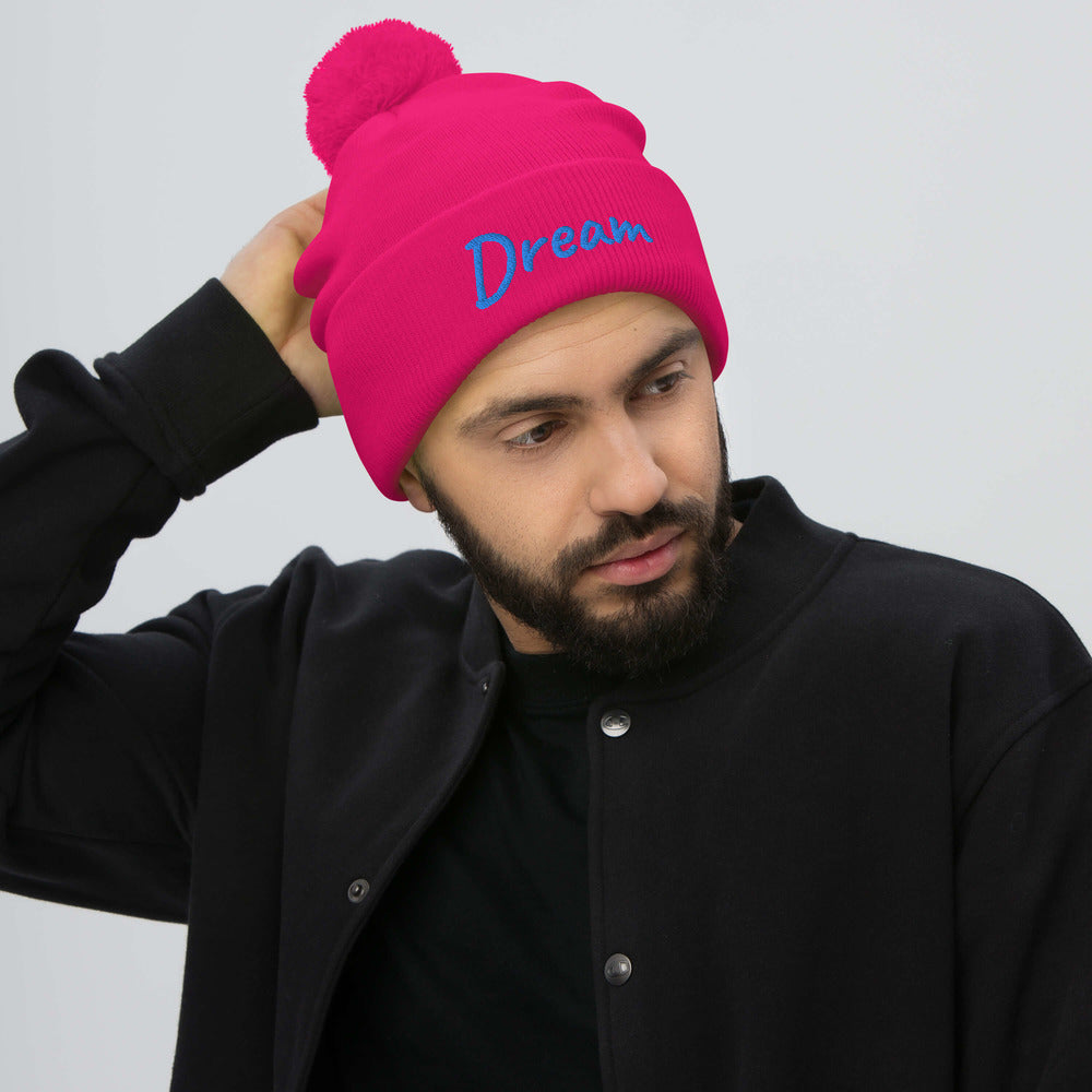 Dream In Sapphire Embroidery On Pom Pom Beanie