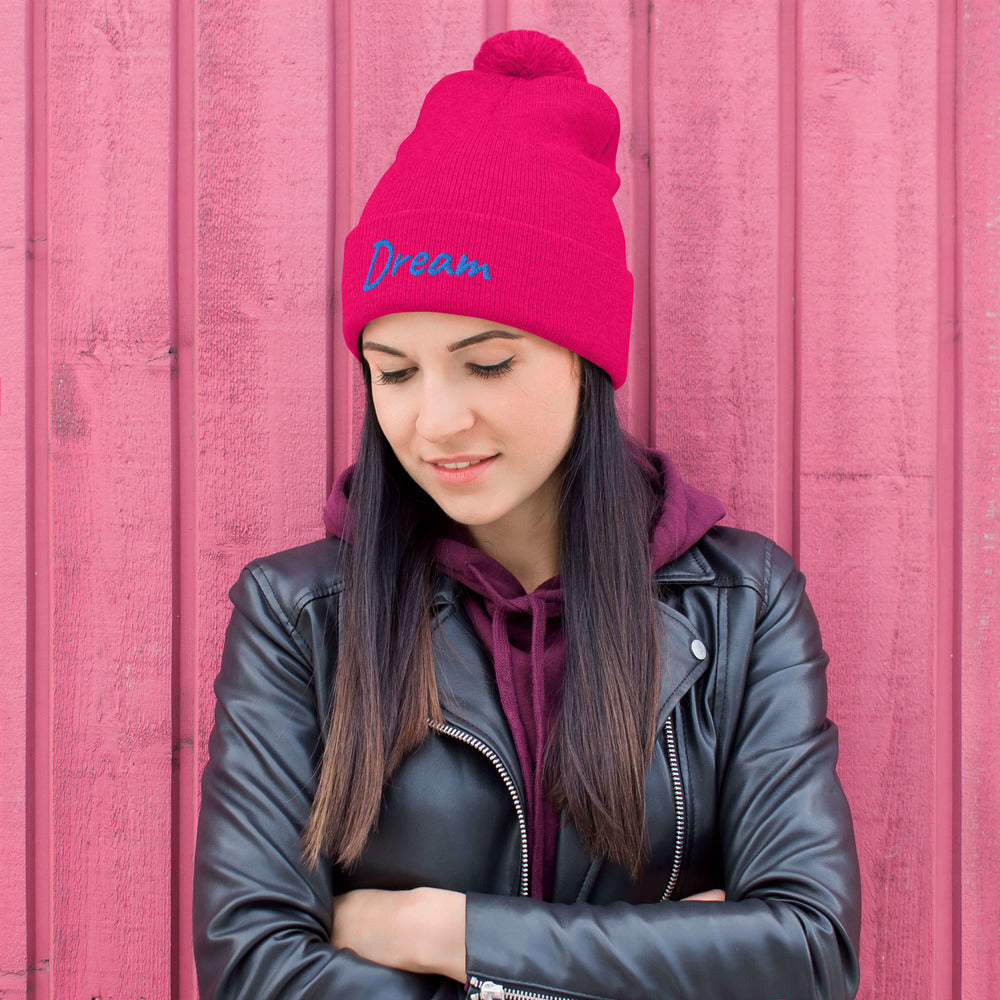 Dream In Sapphire Embroidery On Pom Pom Beanie