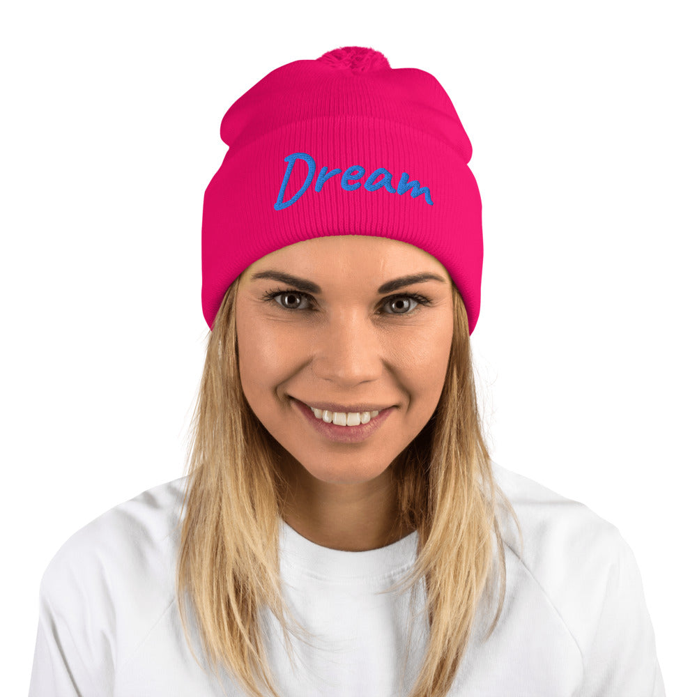 Dream In Sapphire Embroidery On Pom Pom Beanie