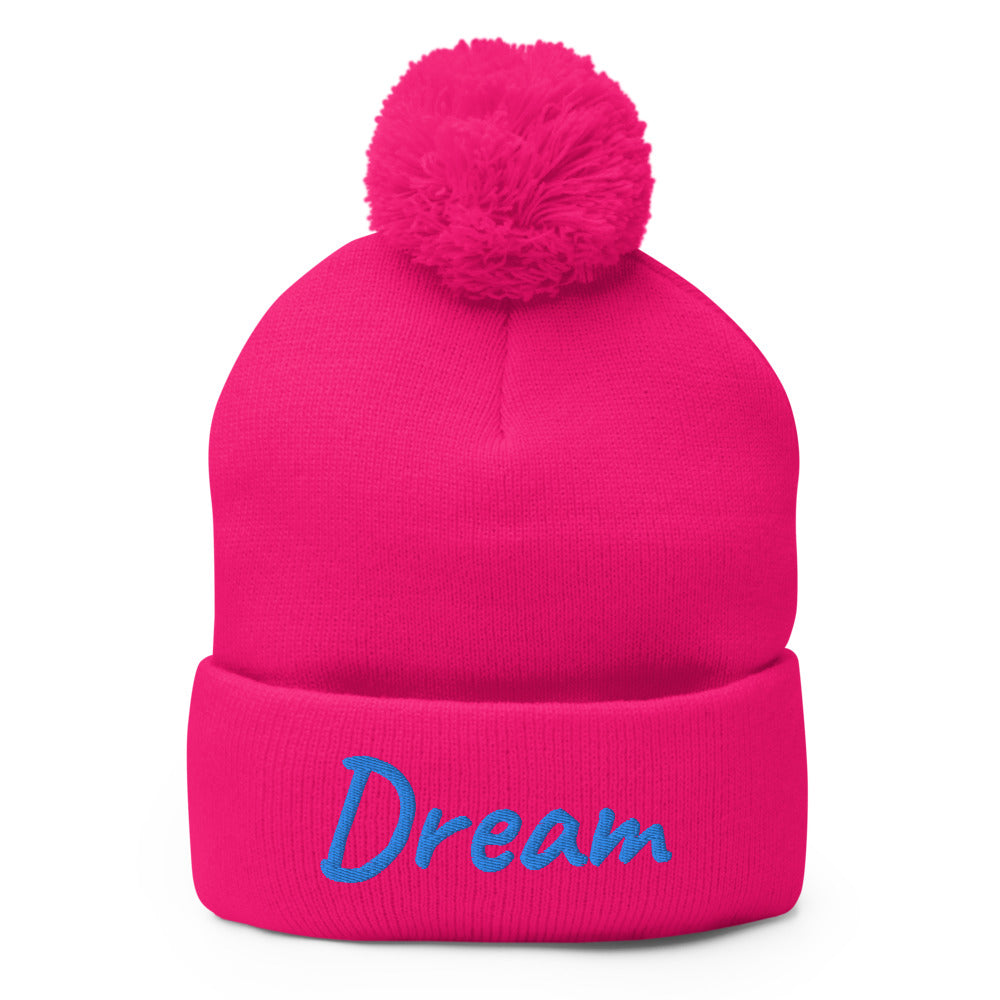 Dream In Sapphire Embroidery On Pom Pom Beanie