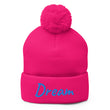 Dream In Sapphire Embroidery On Pom Pom Beanie