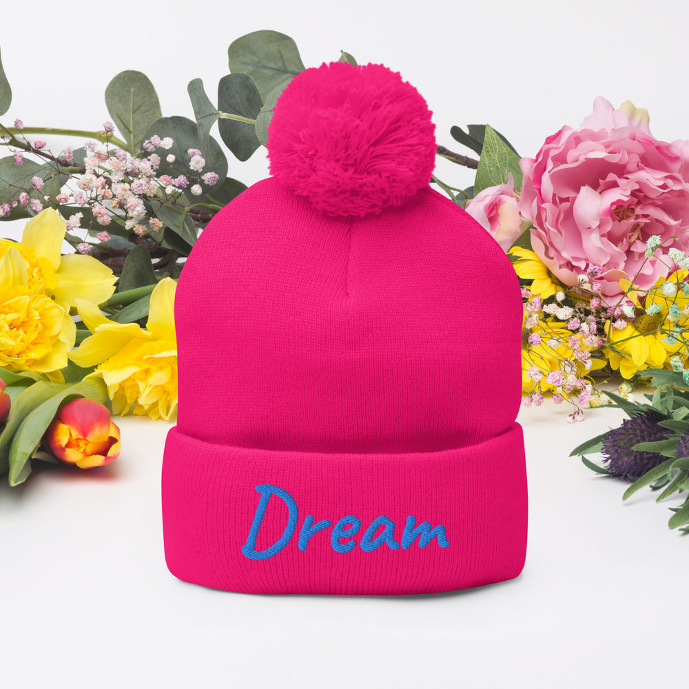 Dream In Sapphire Embroidery On Pom Pom Beanie