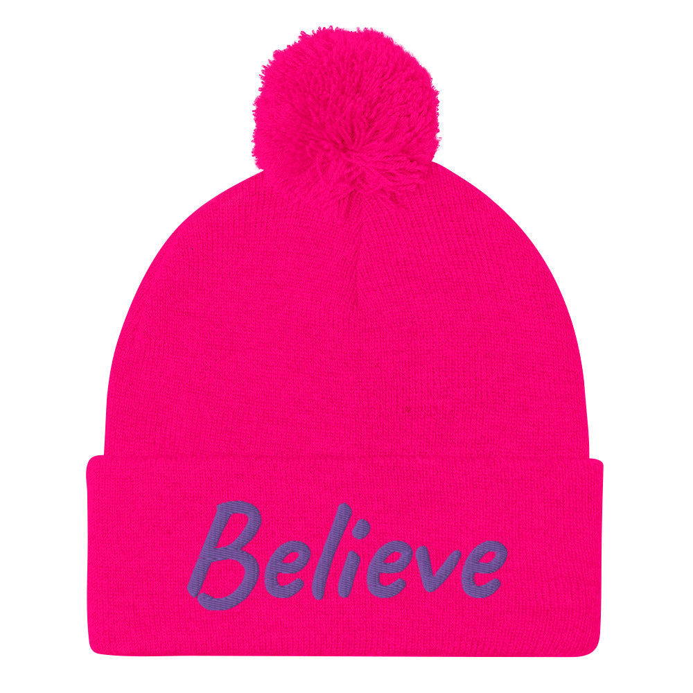 Believe In Amethyst Embroidery On Pom Pom Beanie