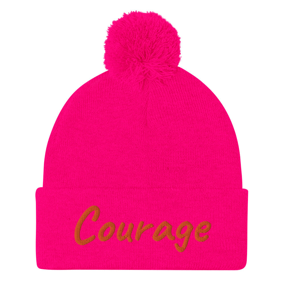 Courage In Amber Embroidery On Pom Pom Beanie