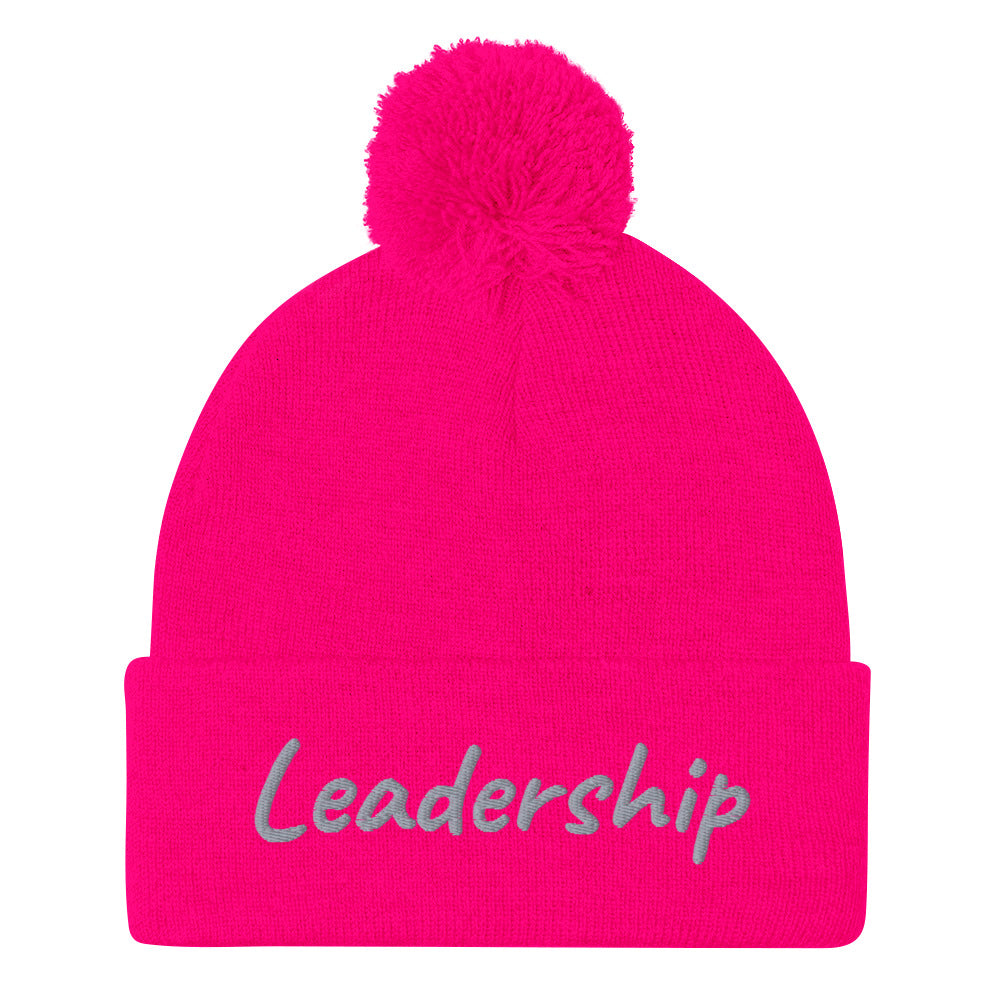 Leadership In Silver Embroidery On Pom Pom Beanie