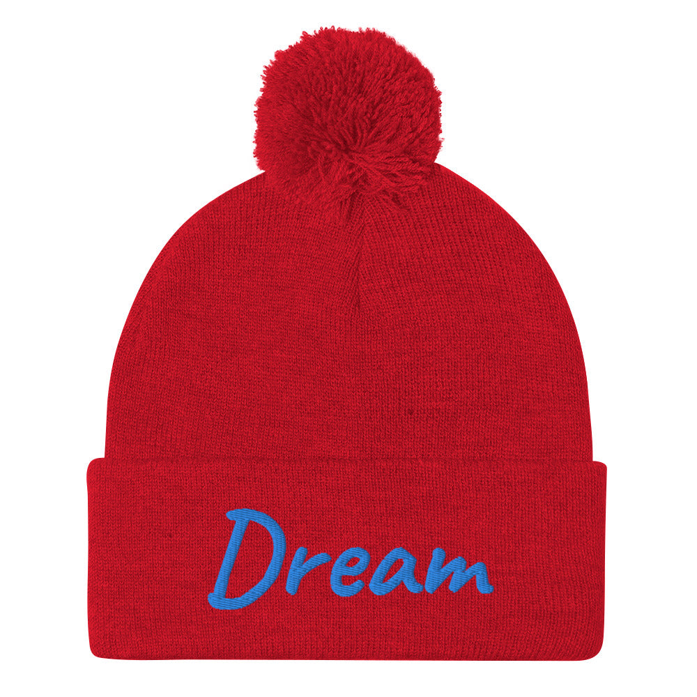 Dream In Sapphire Embroidery On Pom Pom Beanie