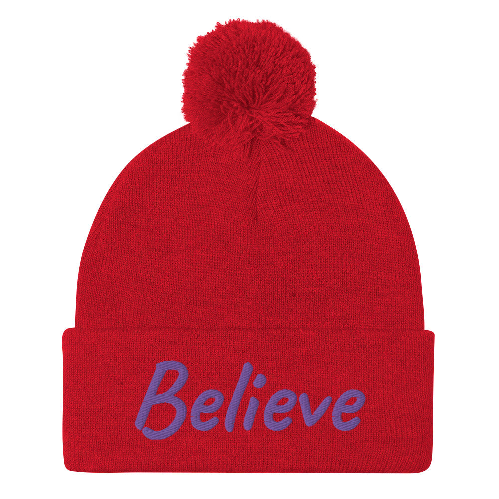 Believe In Amethyst Embroidery On Pom Pom Beanie