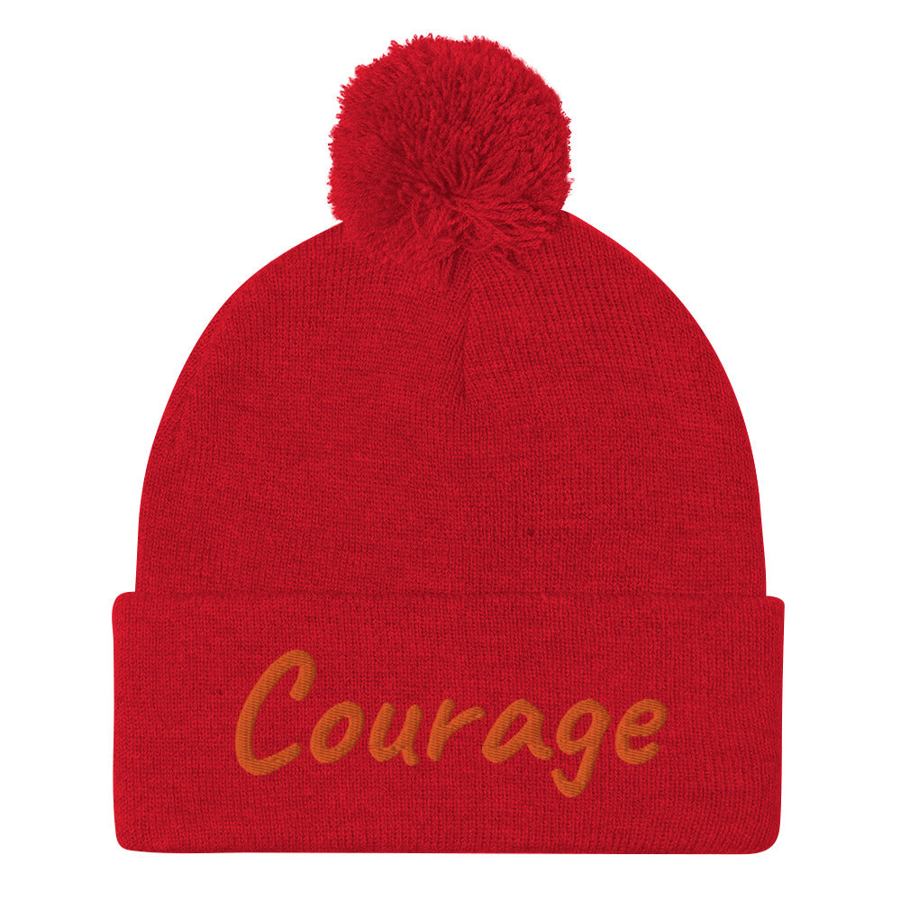 Courage In Amber Embroidery On Pom Pom Beanie