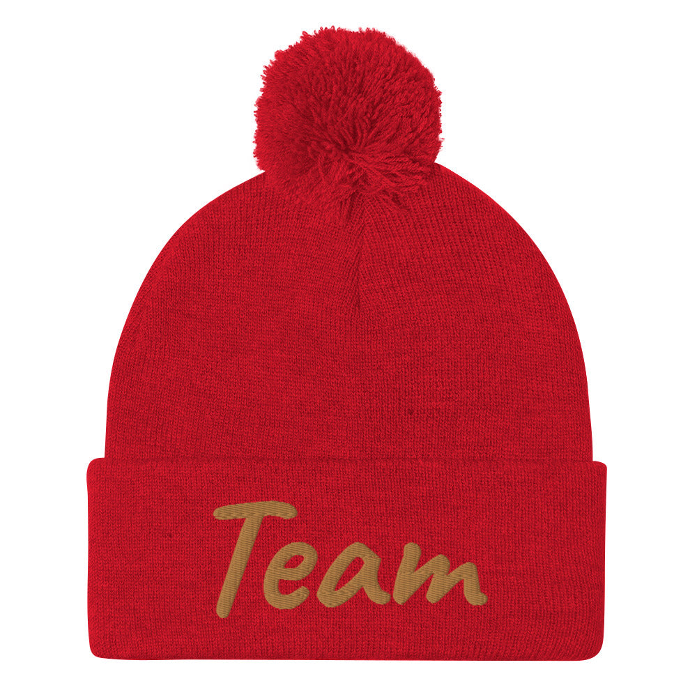 Team In Celluloid Embroidery On Pom Pom Beanie