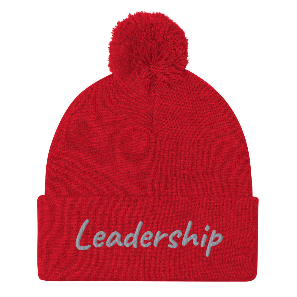 Leadership In Silver Embroidery On Pom Pom Beanie