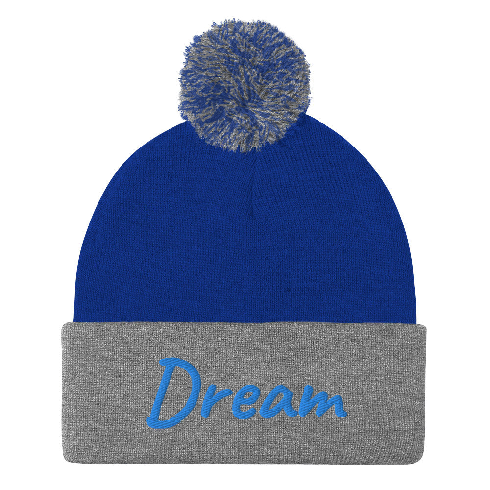 Dream In Sapphire Embroidery On Pom Pom Beanie