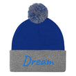 Dream In Sapphire Embroidery On Pom Pom Beanie