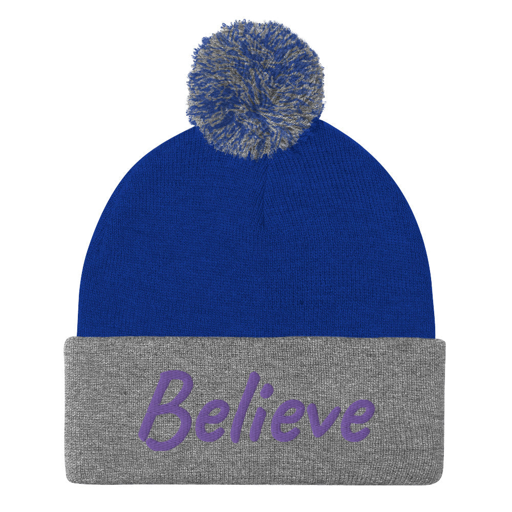 Believe In Amethyst Embroidery On Pom Pom Beanie