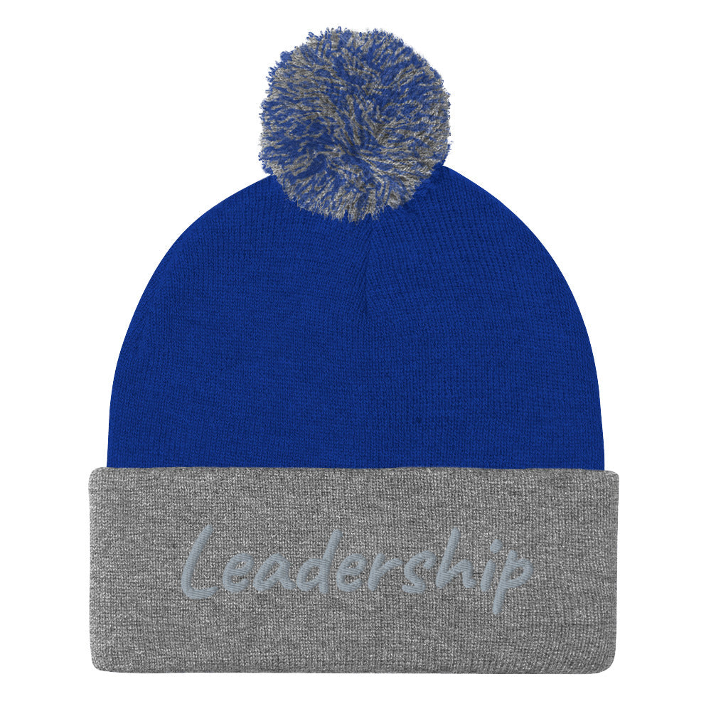 Leadership In Silver Embroidery On Pom Pom Beanie