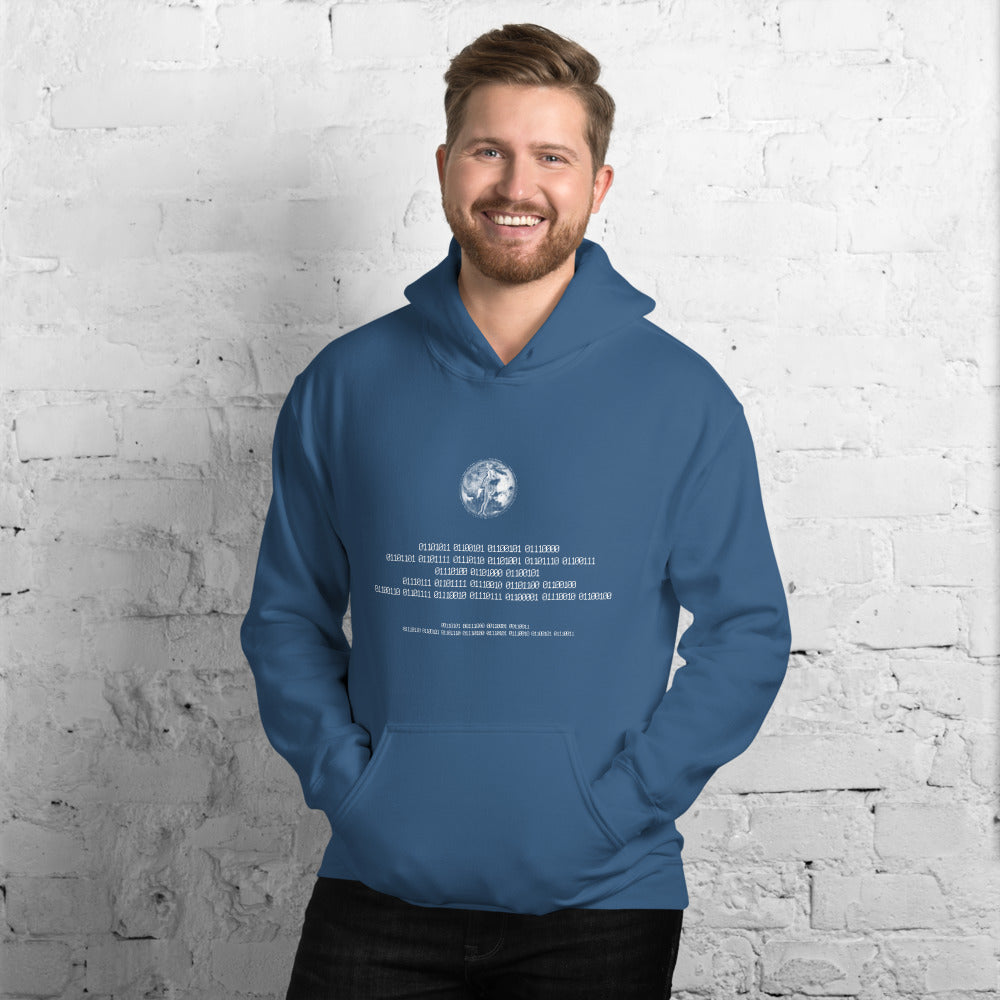 Binary Instructions To Keep Moving The World Forward With Venusian Earth In White on Unisex Heavy Blend Hoodie