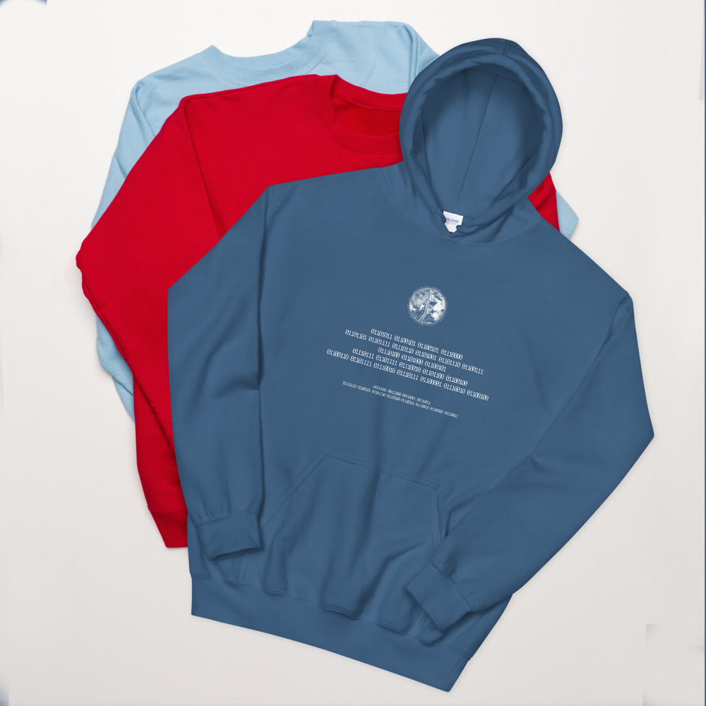 Binary Instructions To Keep Moving The World Forward With Venusian Earth In White on Unisex Heavy Blend Hoodie