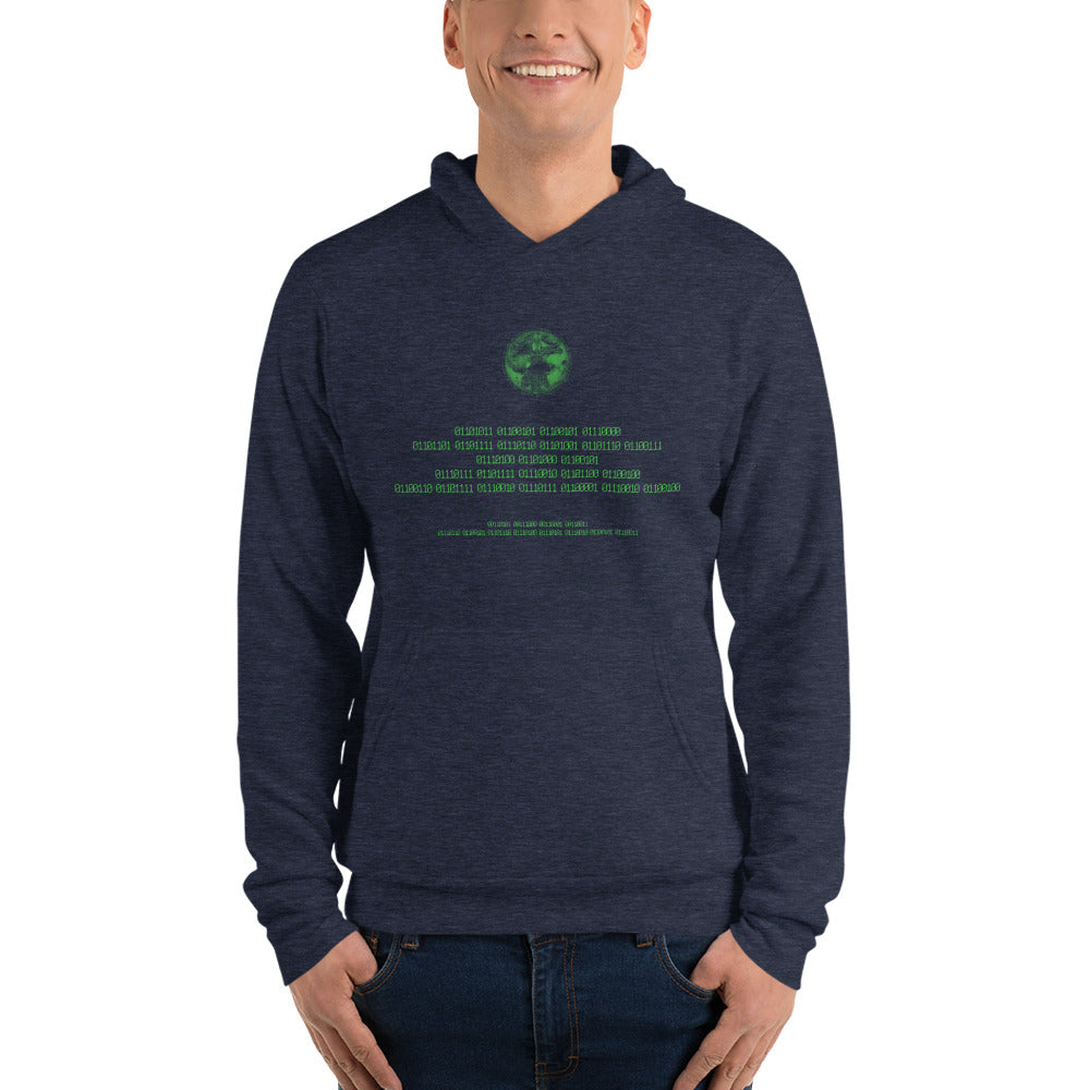 Binary Instructions To Keep Moving The World Forward With Vitruvian Earth In Green on Unisex Premium Fleece Hoodie