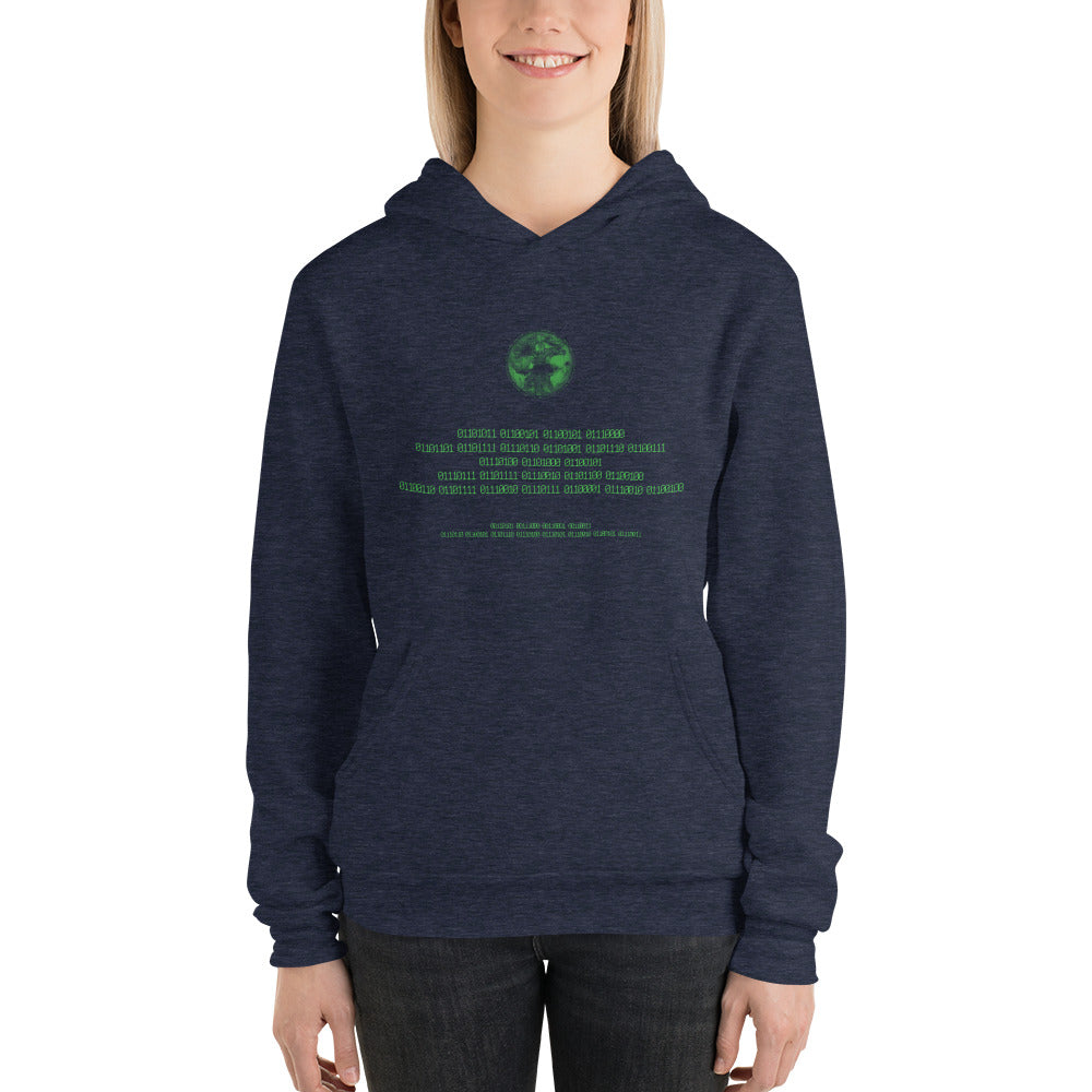 Binary Instructions To Keep Moving The World Forward With Vitruvian Earth In Green on Unisex Premium Fleece Hoodie