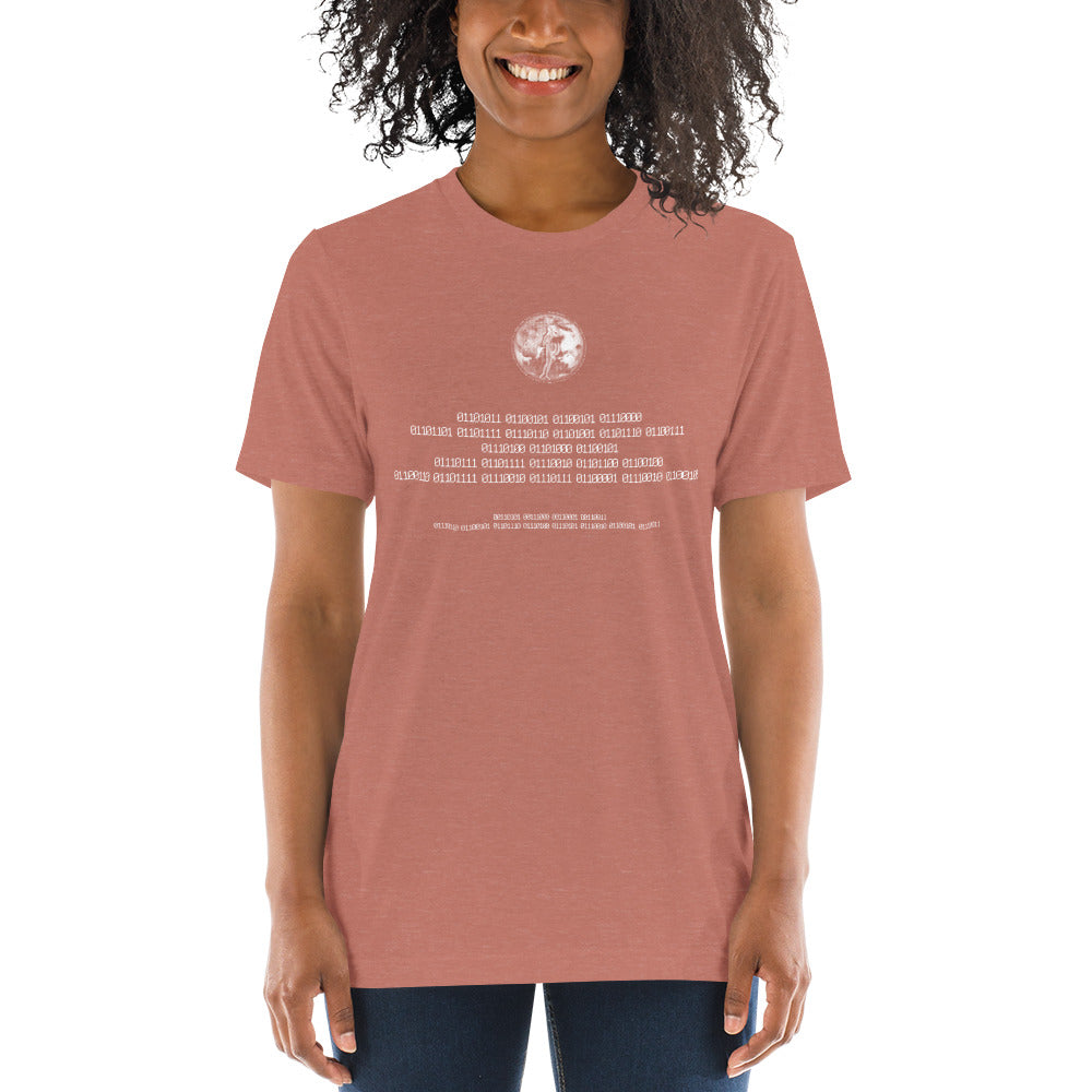 Binary Instructions To Keep Moving The World Forward With Venusian Earth In White on Unisex Tri-Blend Tee Shirt - 2XL-4XL
