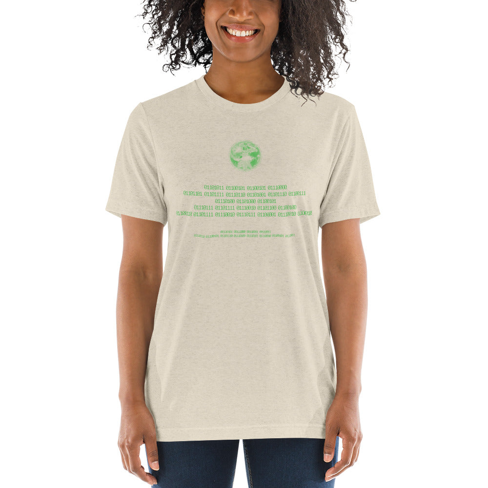 Binary Instructions To Keep Moving The World Forward With Vitruvian Earth In Green on Unisex Tri-Blend Tee Shirt
