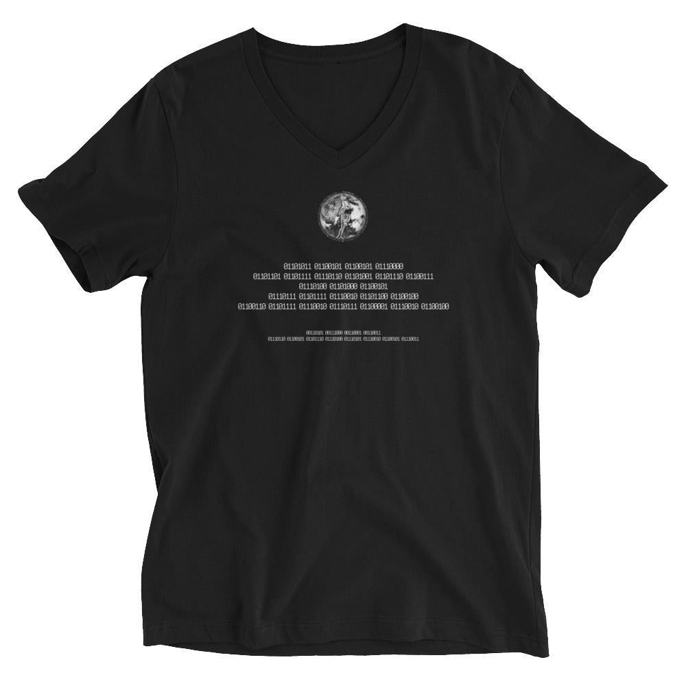 Binary Instructions To Keep Moving The World Forward With Venusian Earth In White on Unisex Short Sleeve V-Neck T-Shirt