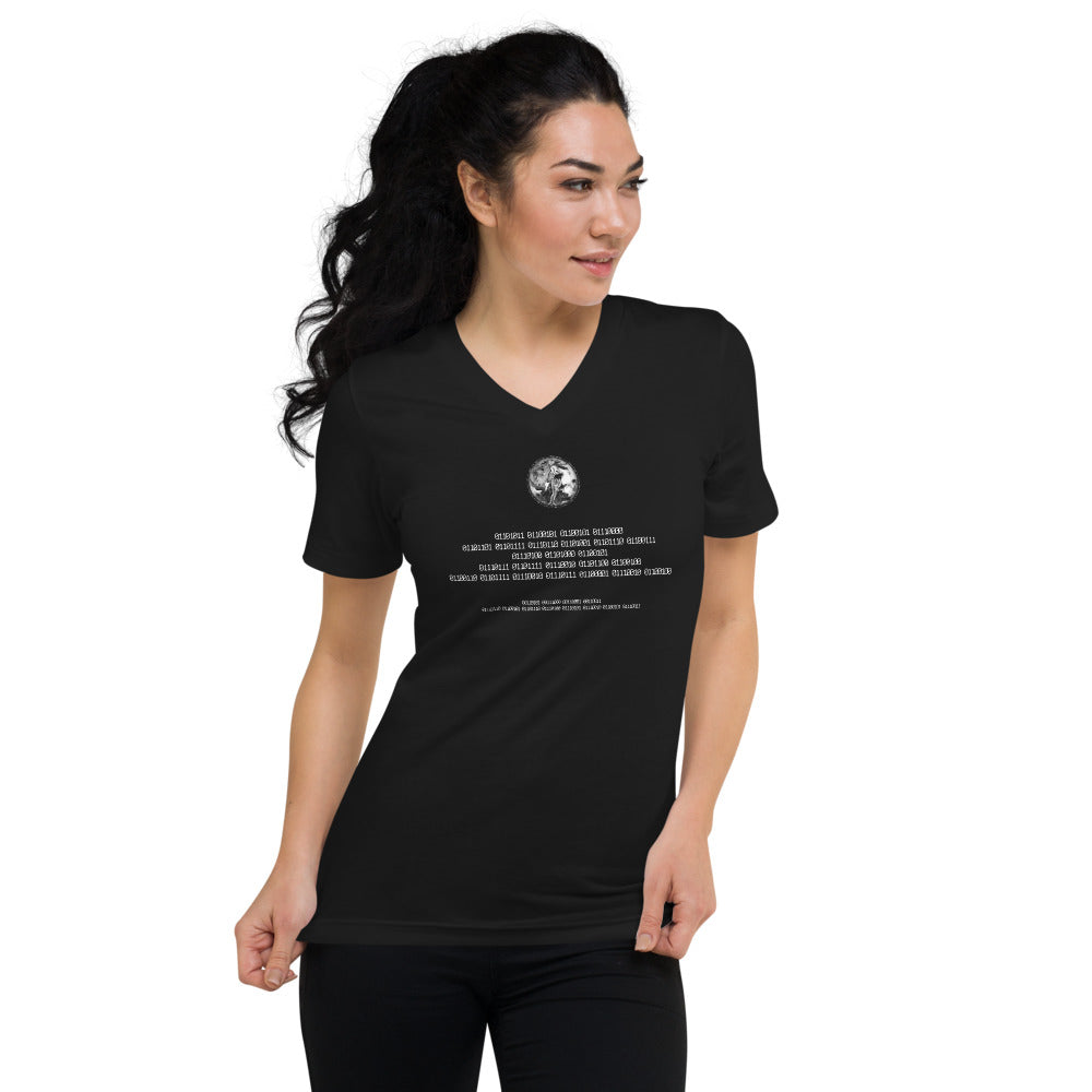 Binary Instructions To Keep Moving The World Forward With Venusian Earth In White on Unisex Short Sleeve V-Neck T-Shirt