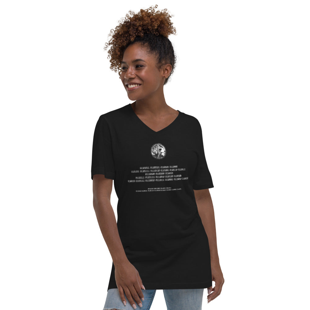 Binary Instructions To Keep Moving The World Forward With Venusian Earth In White on Unisex Short Sleeve V-Neck T-Shirt