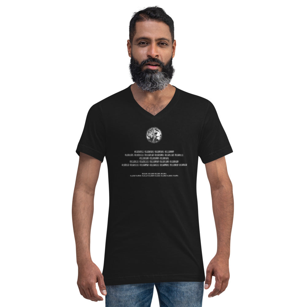 Binary Instructions To Keep Moving The World Forward With Venusian Earth In White on Unisex Short Sleeve V-Neck T-Shirt