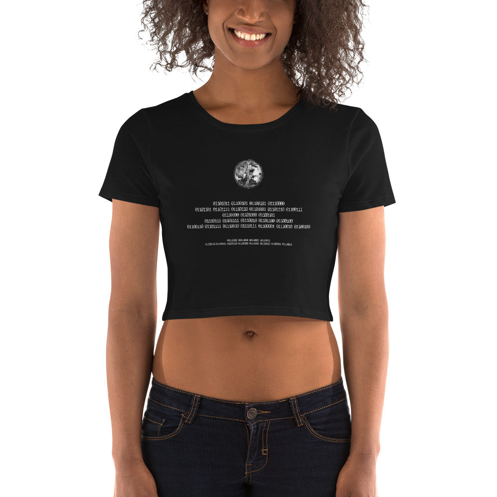 Binary Instructions To Keep Moving The World Forward With Venusian Earth In White on Women's Crop Tee Shirt
