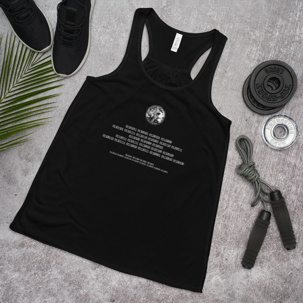 Binary Instructions To Keep Moving The World Forward With Venusian Earth In White on Women's Flowy Racerback Tank Top