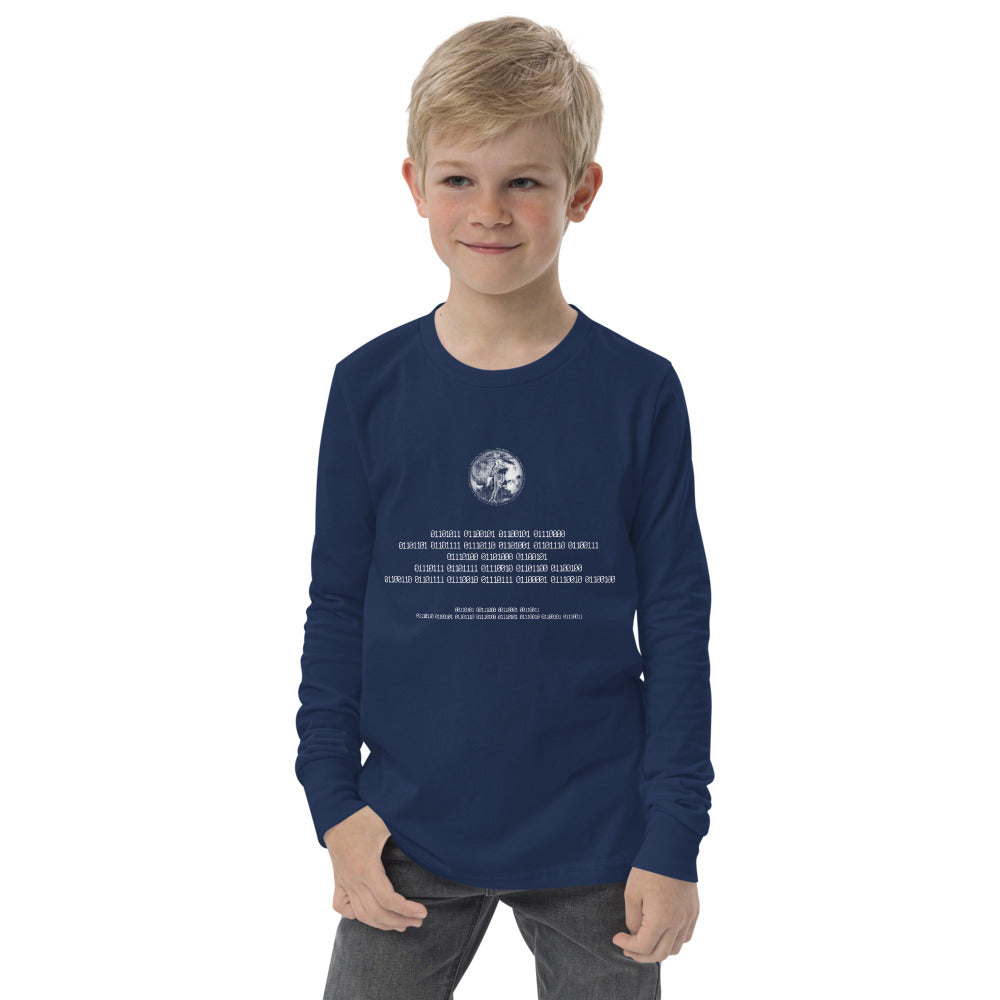 Binary Instructions To Keep Moving The World Forward With Venusian Earth In White on Youth Long Sleeve T-Shirt